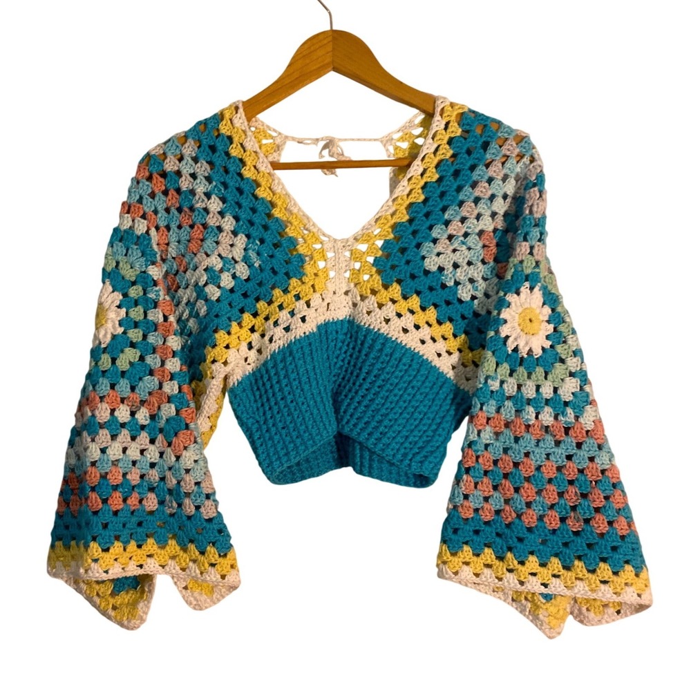 Handmade Crochet Granny Square Crop Top Bell Sleeve V-Neck Boho Turquoise Yellow